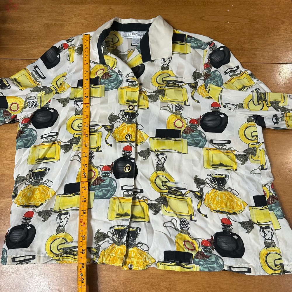 Vintage Starington Ornate Perfume Bottle Print Blouse Womens 16 100% Silk Button - Picture 9 of 10
